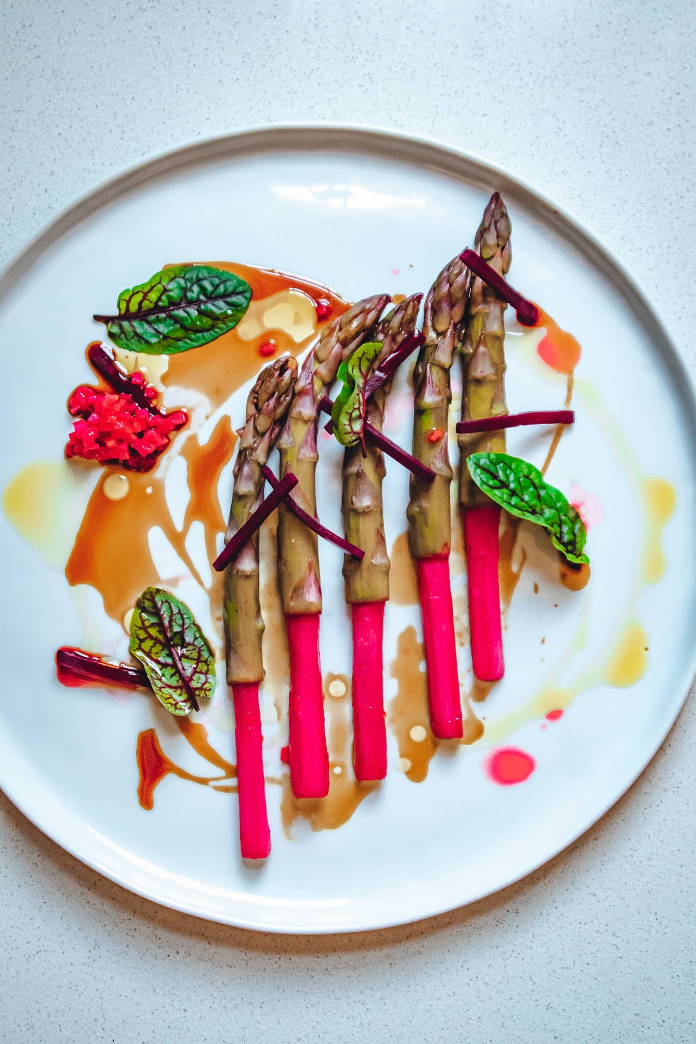 Pink Sous Vide Asparagus With Fermented Beets